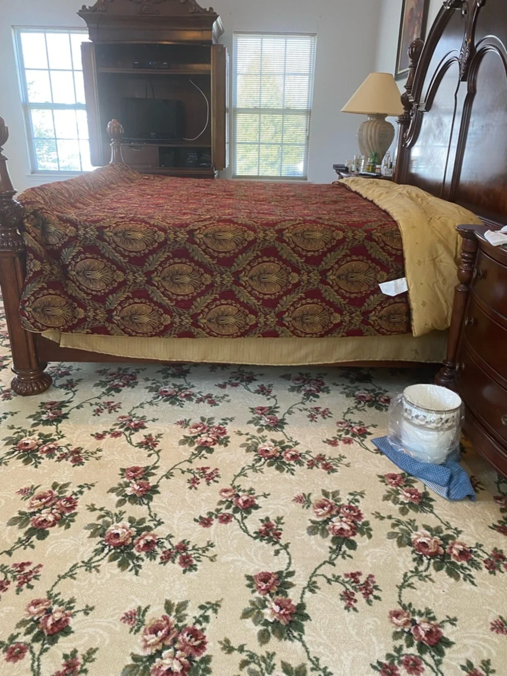 Vintage Croscill Red and Gold Damask Comforter with Decorative Pillows